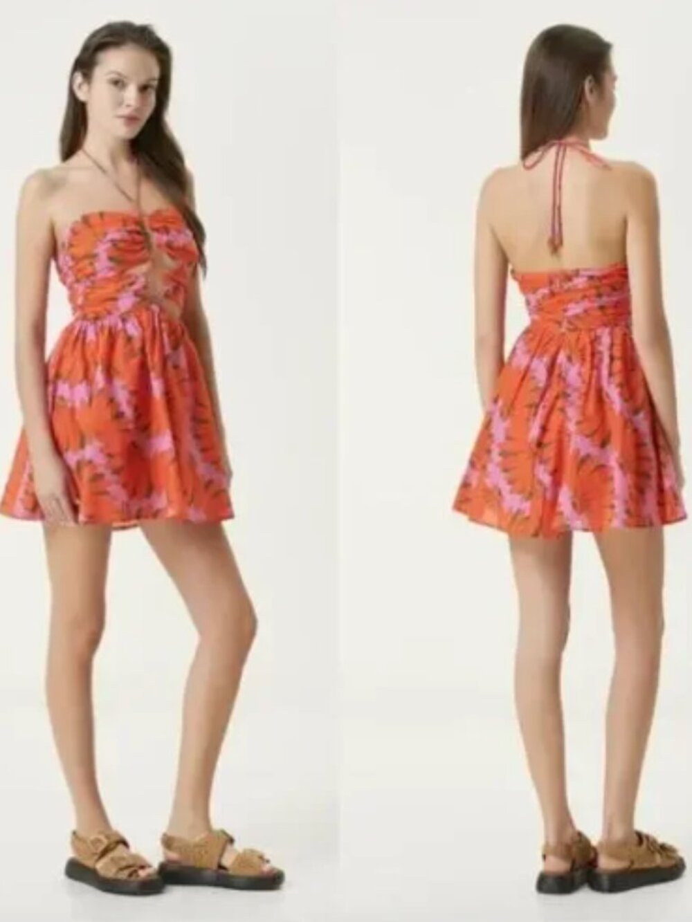 NWT Farm Rio Copacabana Floral Dress L Pink Mini Ruched Halter Fit and Flare